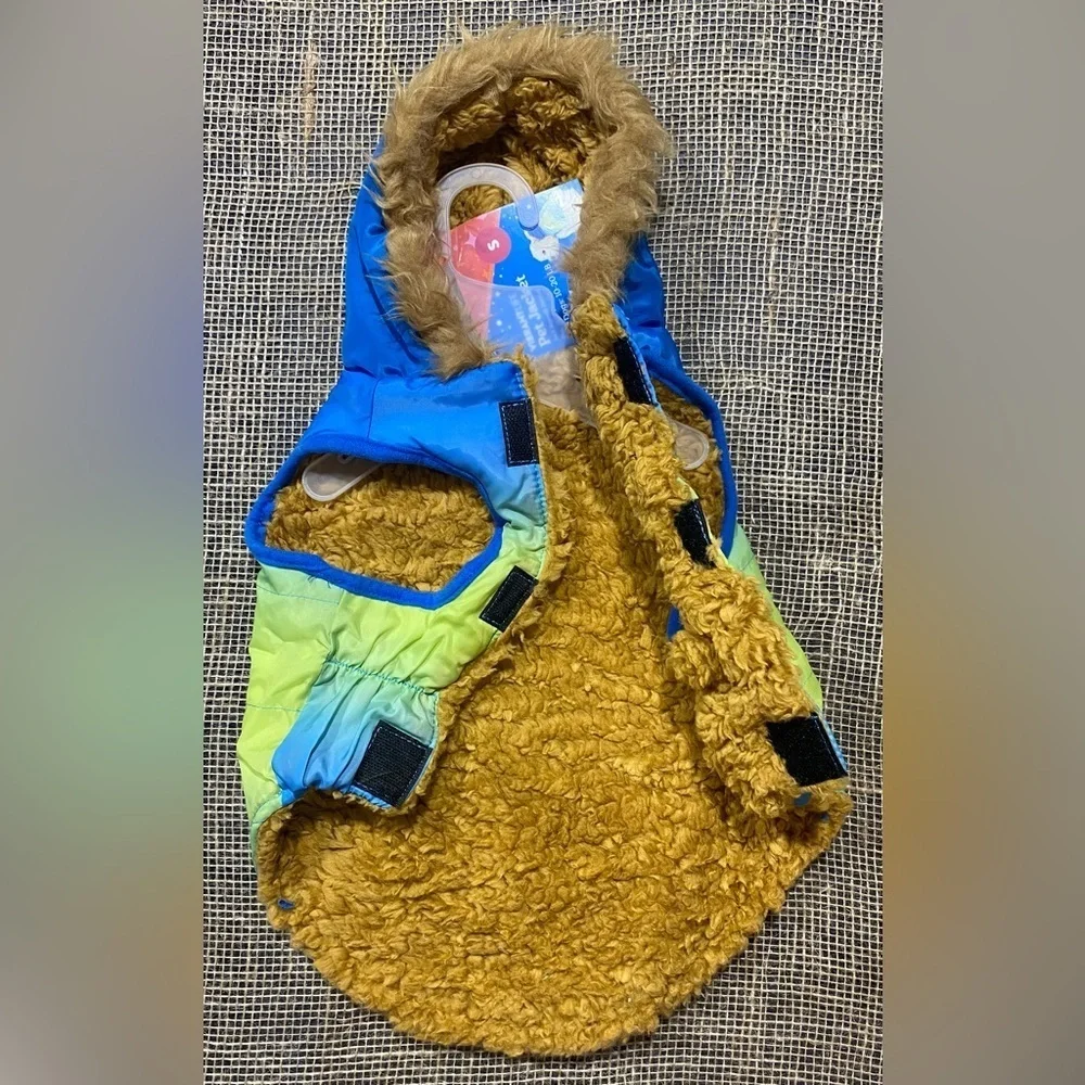 Pet Hooded Jacket Size Small Vibrant Life NEW Blue Yellow Ombré Sherpa Lining